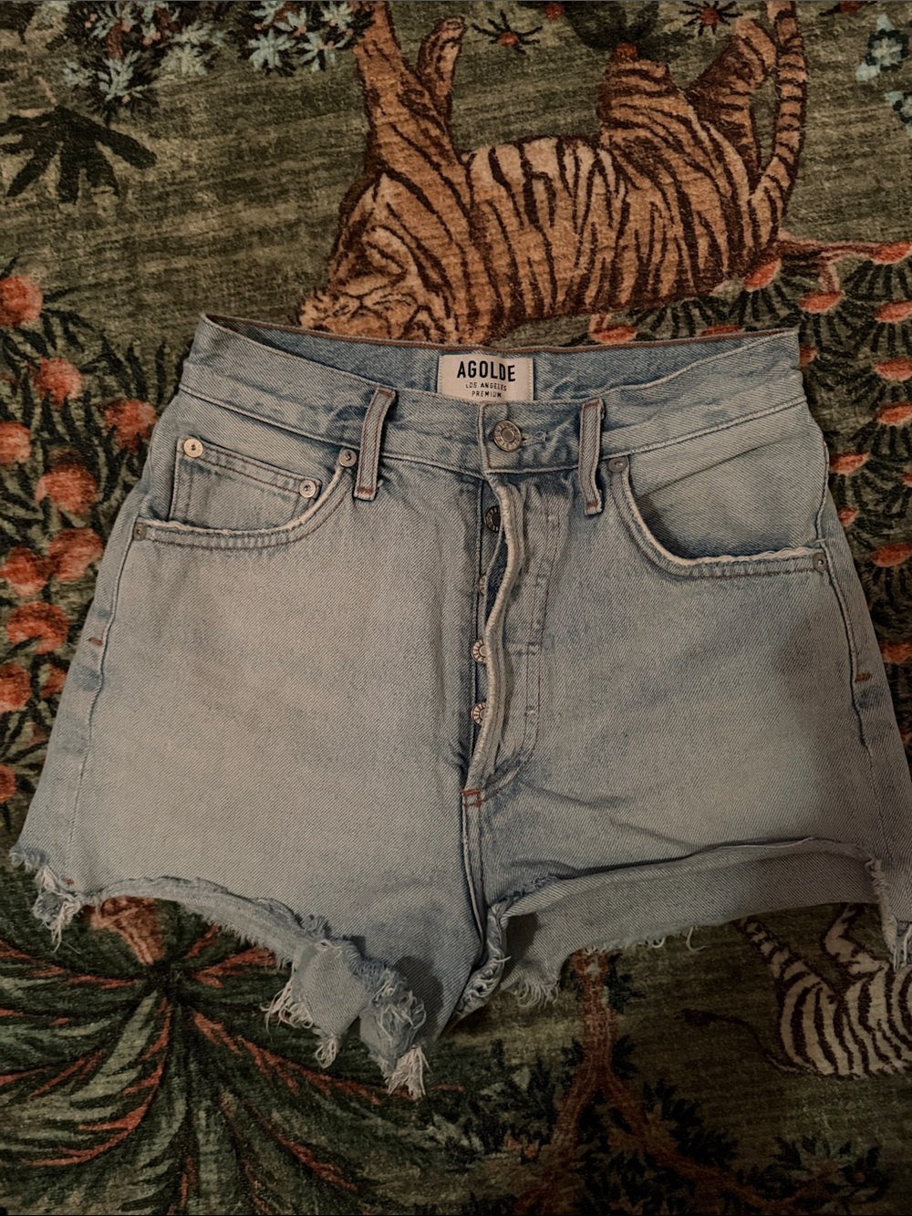 Agolde Light Blue High-Rise Raw Hem Button-Fly Denim Shorts